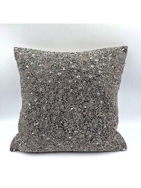 Ethan Allen Pillow Gray Silver Beaded Duck Fill Velvet Back 12" Luxury Glam